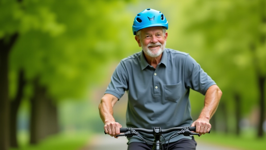 Senioras su šalmu, nusileidęs dviratį, šypsosi į kamerą, šviesi diena